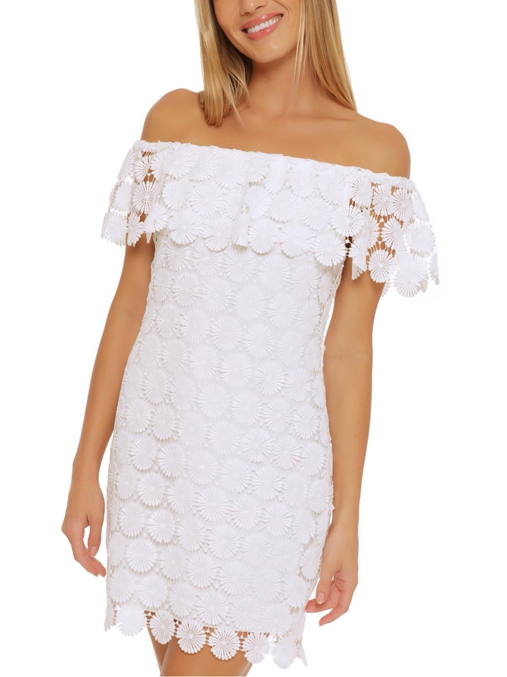 Trina Turk White Off-Shoulder Floral Crochet Dress